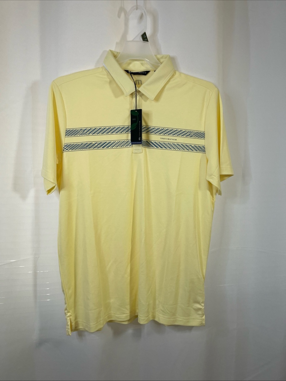 NWT TravisMathew Men's Yellow Blue Stripe Short Sleeve Golf Polo Shirt Size L